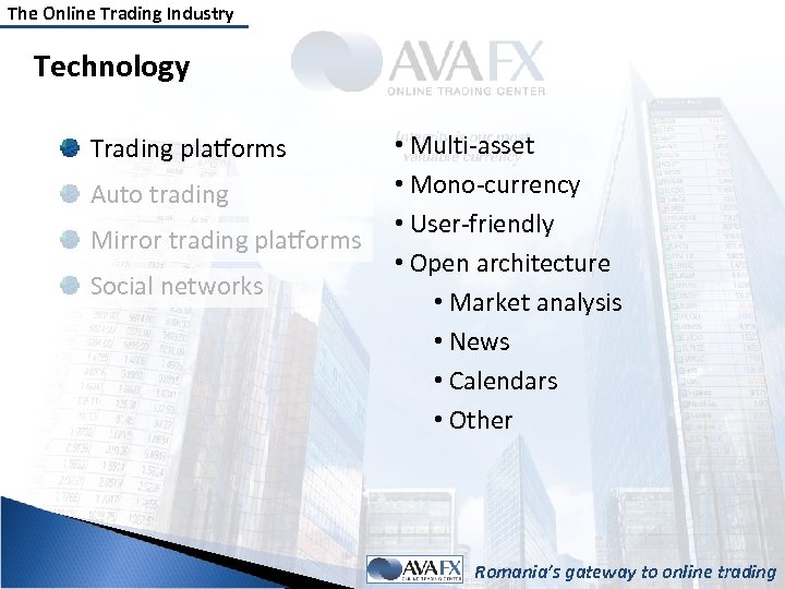 The Online Trading Industry Technology Trading platforms Auto trading Mirror trading platforms Social networks