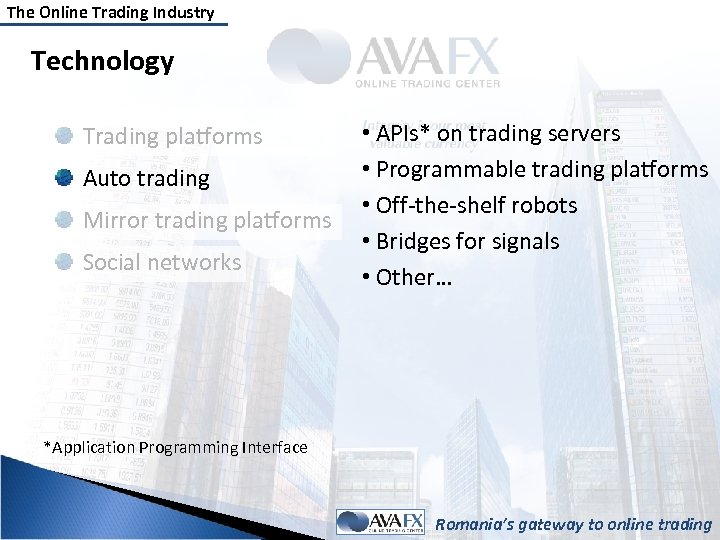 The Online Trading Industry Technology Trading platforms Auto trading Mirror trading platforms Social networks