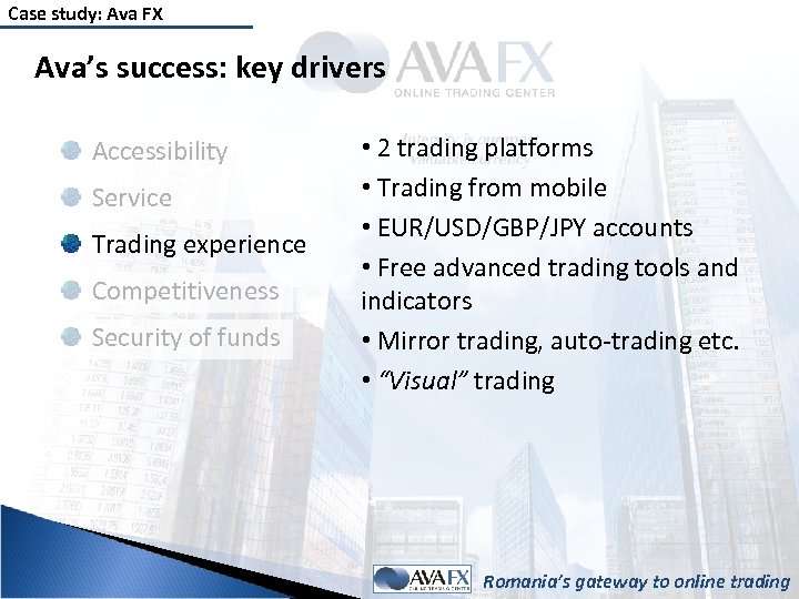 Case study: Ava FX Ava’s success: key drivers Accessibility Service Trading experience Competitiveness Security