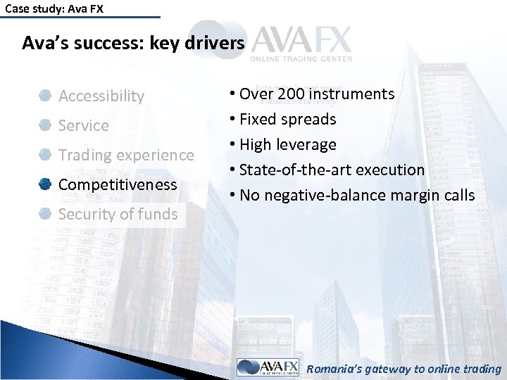 Case study: Ava FX Ava’s success: key drivers Accessibility Service Trading experience Competitiveness Security