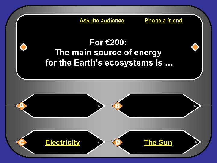 Ask the audience Phone a friend For € 200: The main source of energy