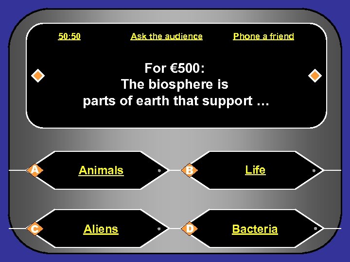 50: 50 Ask the audience Phone a friend For € 500: The biosphere is
