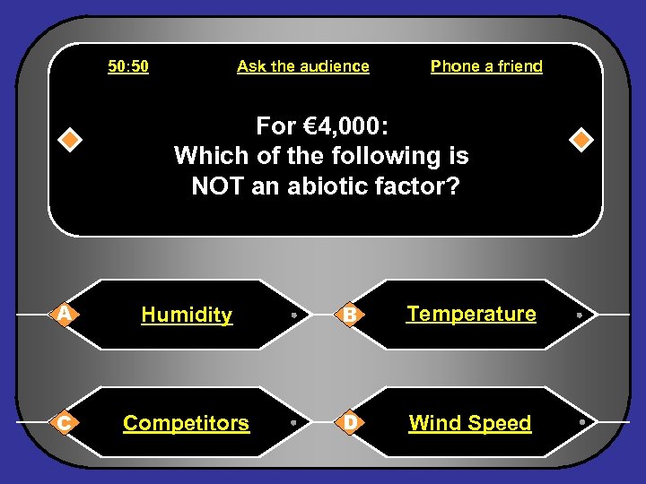 50: 50 Ask the audience Phone a friend For € 4, 000: Which of