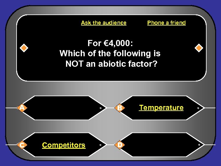 Ask the audience Phone a friend For € 4, 000: Which of the following