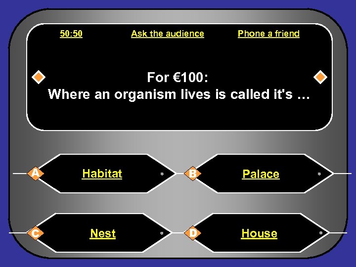 50: 50 Ask the audience Phone a friend For € 100: Where an organism