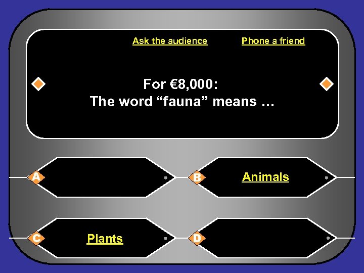 Ask the audience Phone a friend For € 8, 000: The word “fauna” means