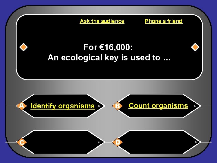 Ask the audience Phone a friend For € 16, 000: An ecological key is