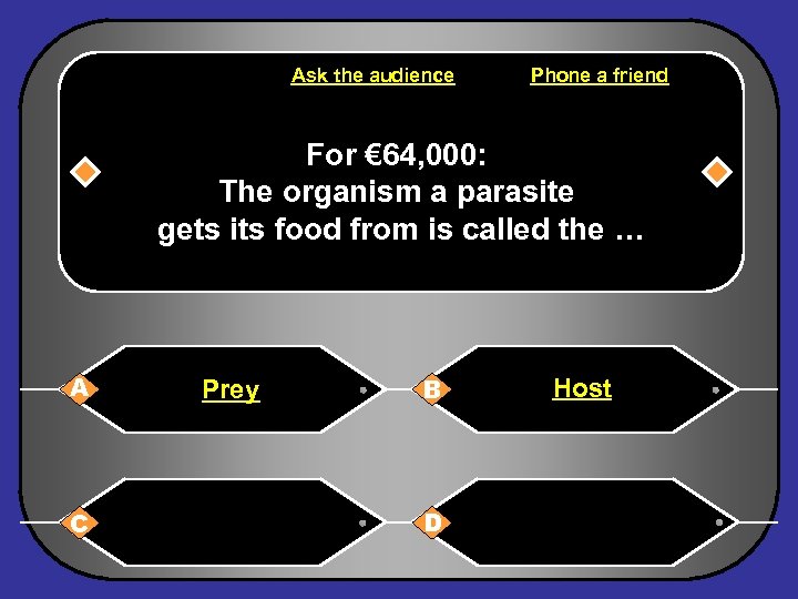 Ask the audience Phone a friend For € 64, 000: The organism a parasite