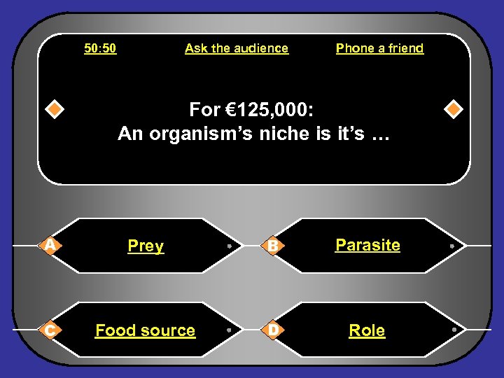 50: 50 Ask the audience Phone a friend For € 125, 000: An organism’s