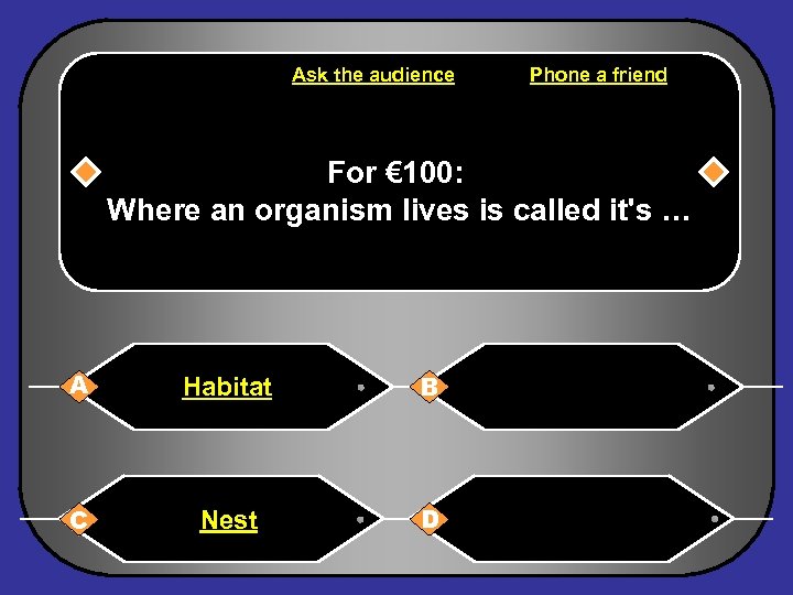 Ask the audience Phone a friend For € 100: Where an organism lives is