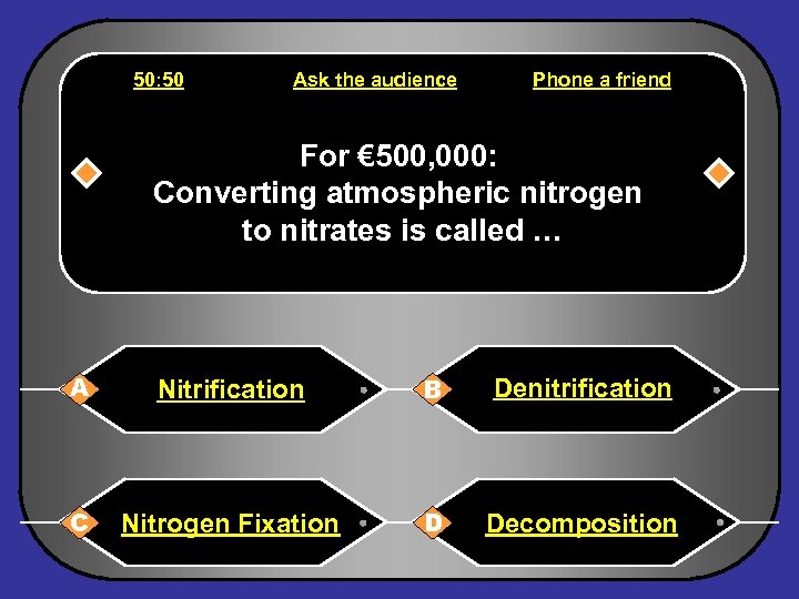 50: 50 Ask the audience Phone a friend For € 500, 000: Converting atmospheric