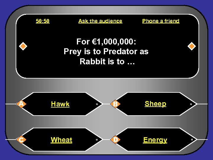50: 50 Ask the audience Phone a friend For € 1, 000: Prey is