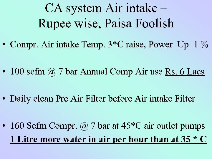CA system Air intake – Rupee wise, Paisa Foolish • Compr. Air intake Temp.