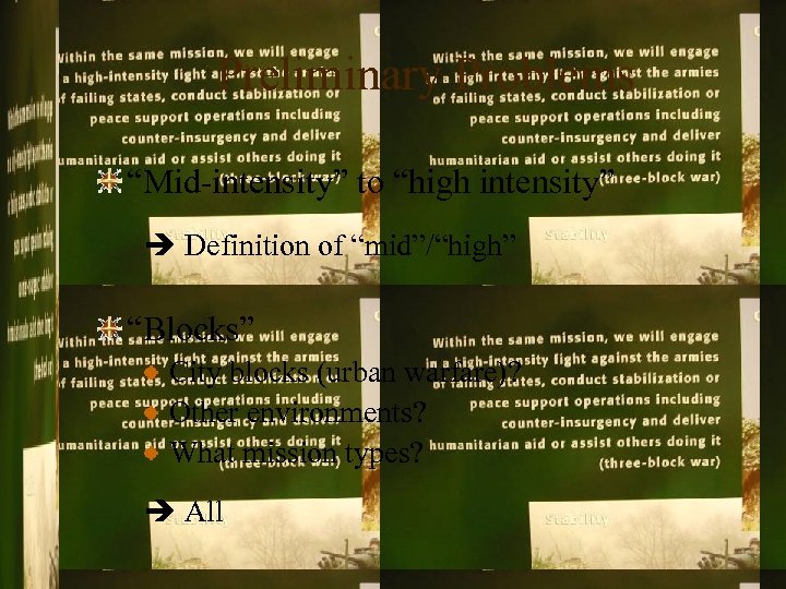Preliminary Problems “Mid-intensity” to “high intensity” Definition of “mid”/“high” “Blocks” City blocks (urban warfare)?