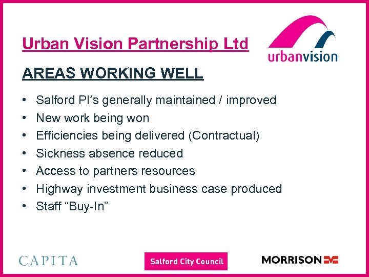 Urban Vision Partnership Ltd AREAS WORKING WELL • • Salford PI’s generally maintained /