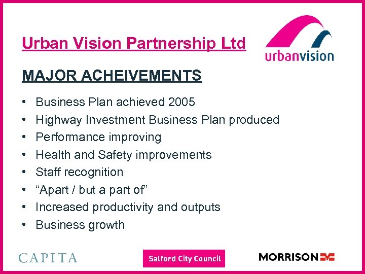 Urban Vision Partnership Ltd MAJOR ACHEIVEMENTS • • Business Plan achieved 2005 Highway Investment