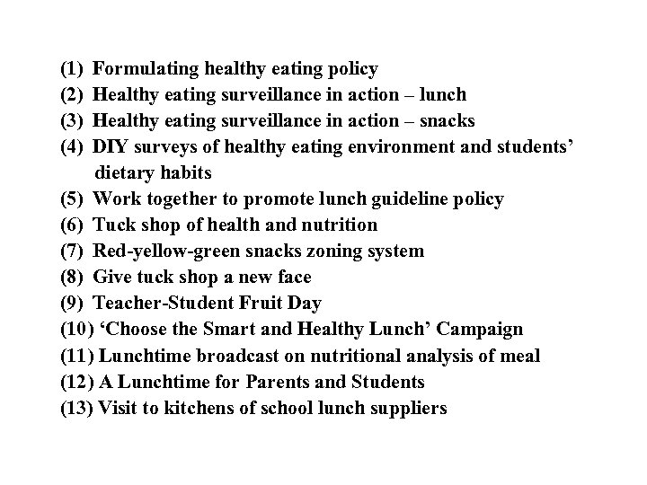 (1) (2) (3) (4) Formulating healthy eating policy Healthy eating surveillance in action –