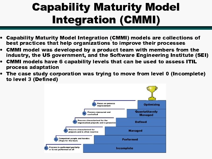Capability Maturity Model Integration (CMMI) • Capability Maturity Model Integration (CMMI) models are collections