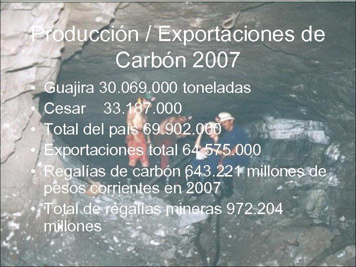 Producción / Exportaciones de Carbón 2007 • • • Guajira 30. 069. 000 toneladas
