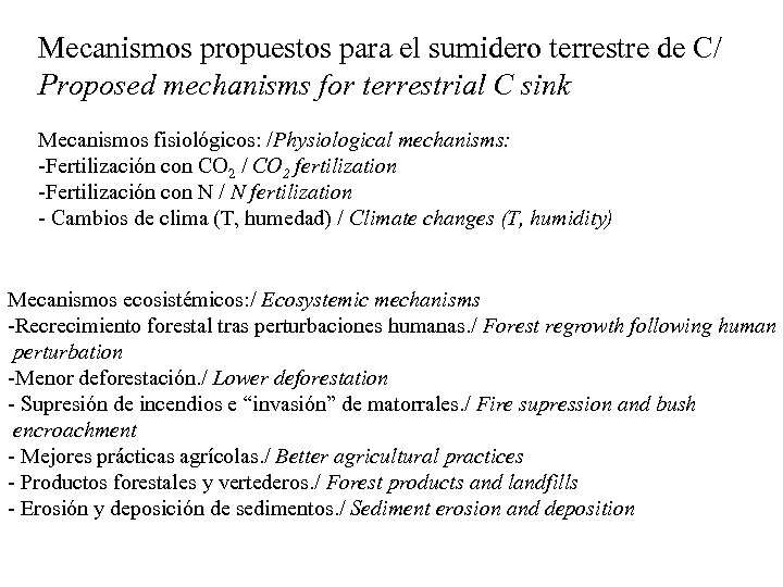 Mecanismos propuestos para el sumidero terrestre de C/ Proposed mechanisms for terrestrial C sink
