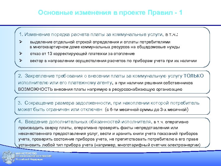 Основные изменения в проекте Правил - 1 1. Изменение порядка расчета платы за коммунальные