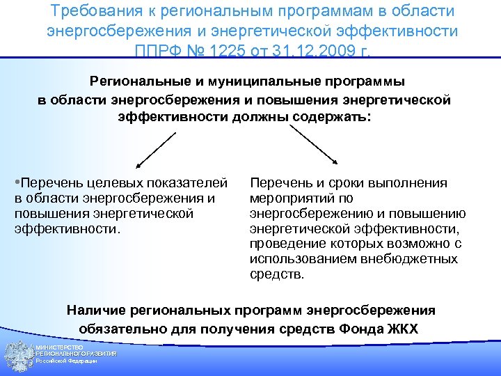  Требования к региональным программам в области энергосбережения и энергетической эффективности ППРФ № 1225