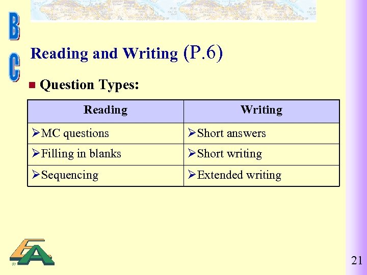 Reading and Writing (P. 6) n Question Types: Reading Writing ØMC questions ØShort answers