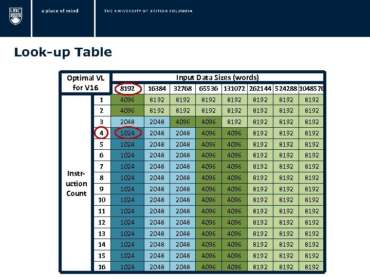  Look-up Table Input Data Sizes (words) Optimal VL for V 16 8192 16384