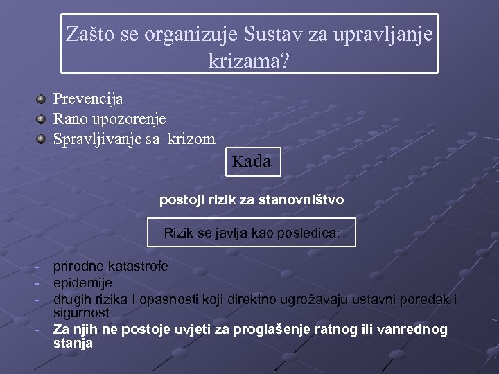 Zašto se organizuje Sustav za upravljanje krizama? Prevencija Rano upozorenje Spravljivanje sa krizom Kada