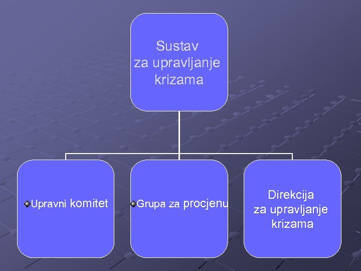 Sustav za upravljanje krizama Upravni komitet Grupa za procjenu Direkcija za upravljanje krizama 