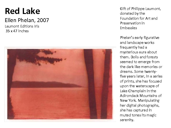 Red Lake Ellen Phelan, 2007 Laumont Editions Iris 35 x 47 inches Gift of