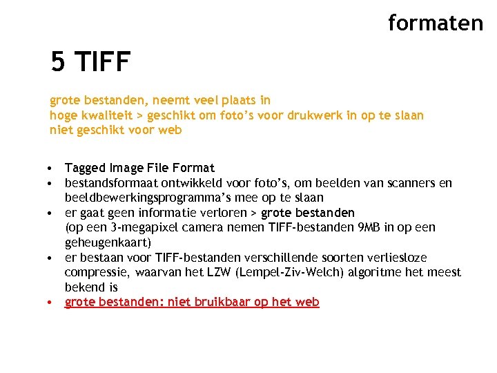 formaten 5 TIFF grote bestanden, neemt veel plaats in hoge kwaliteit > geschikt om