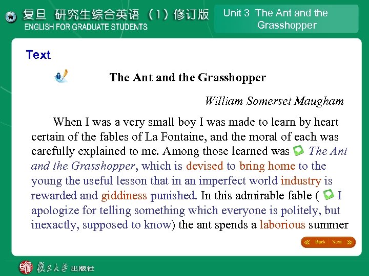 Unit 3 The Ant and the Grasshopper Text The Ant and the Grasshopper William