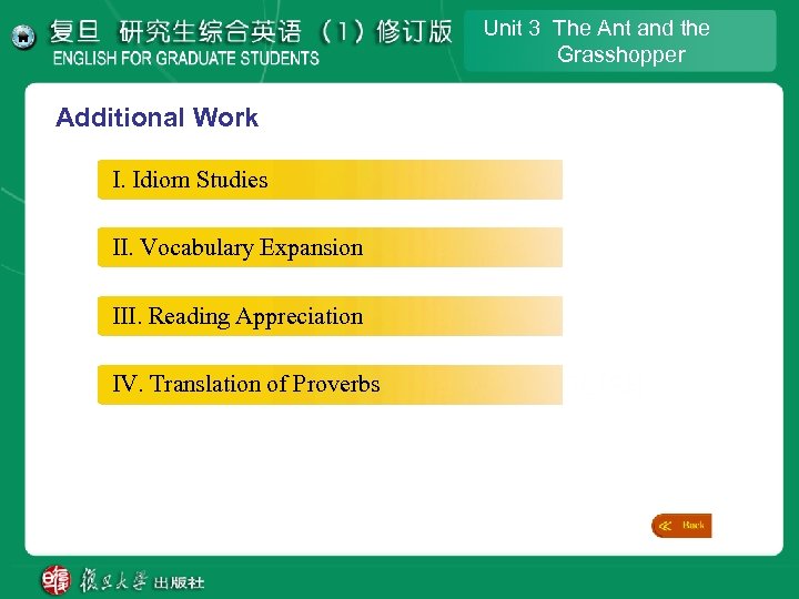 Unit 3 The Ant and the Grasshopper Additional Work I. Idiom Studies II. Vocabulary