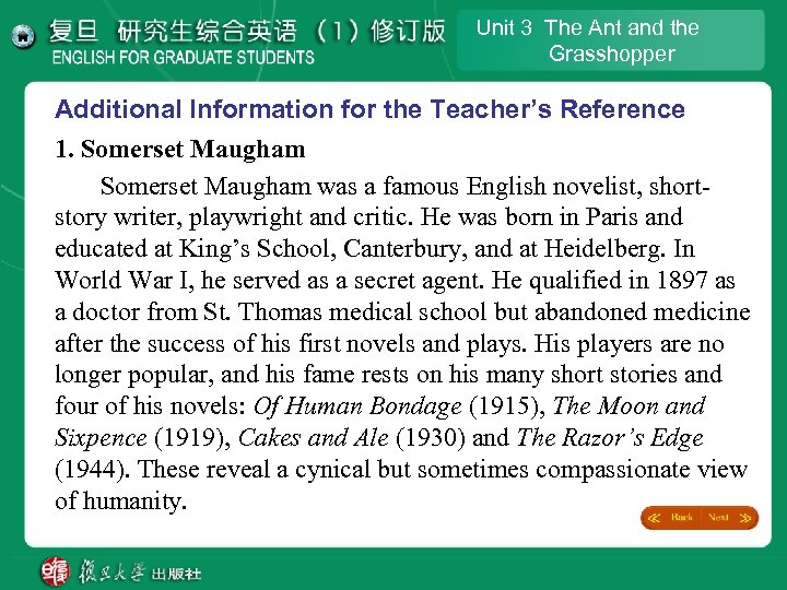 Unit 3 The Ant and the Grasshopper Additional lnformation for the Teacher’s Reference 1.