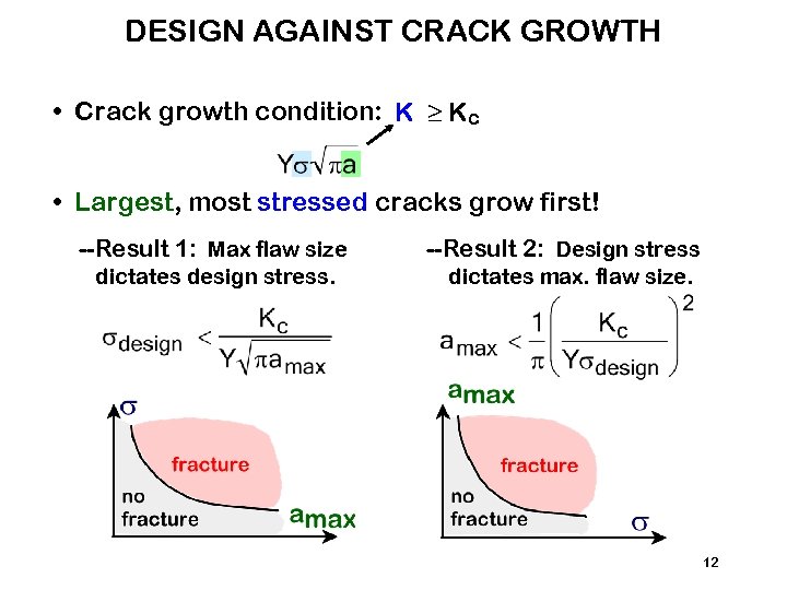 DESIGN AGAINST CRACK GROWTH • Crack growth condition: K ≥ Kc • Largest, most