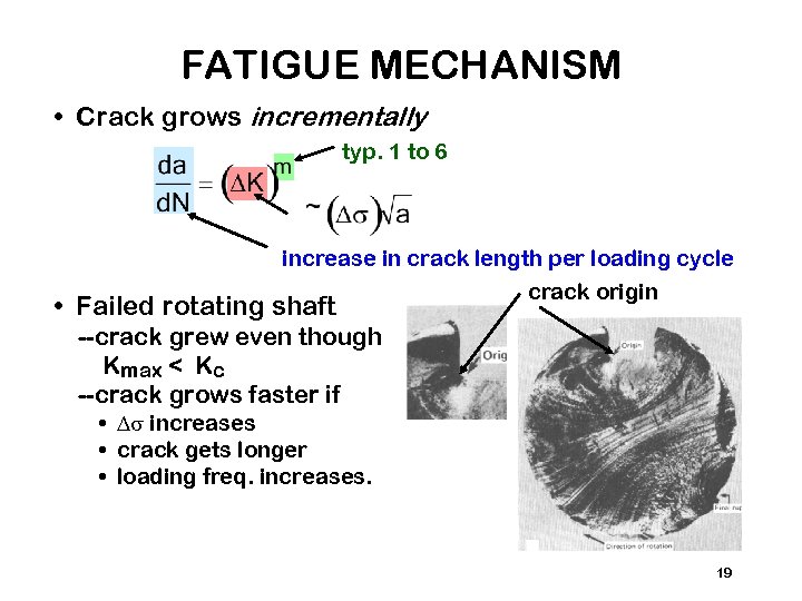 FATIGUE MECHANISM • Crack grows incrementally typ. 1 to 6 increase in crack length