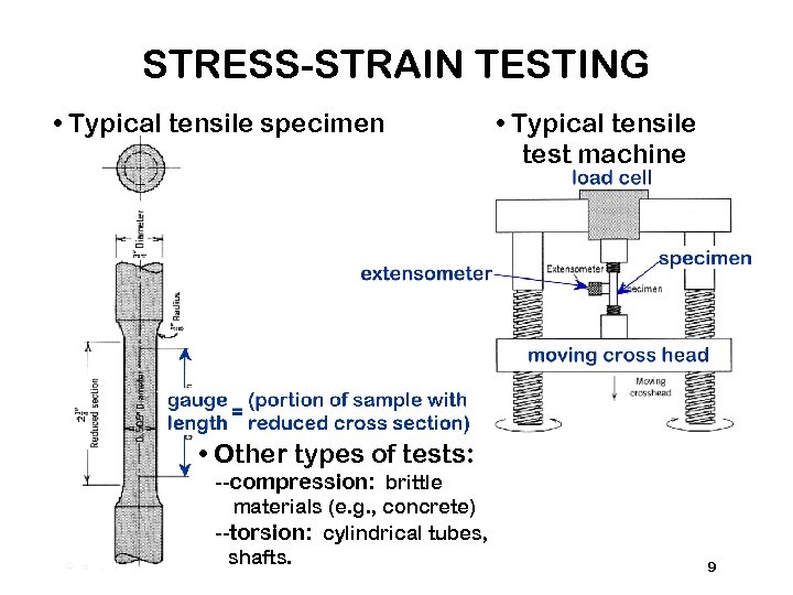 STRESS-STRAIN TESTING • Typical tensile specimen • Typical tensile test machine • Other types