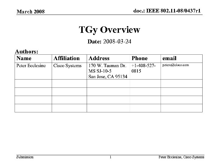 doc. : IEEE 802. 11 -08/0437 r 1 March 2008 TGy Overview Date: 2008