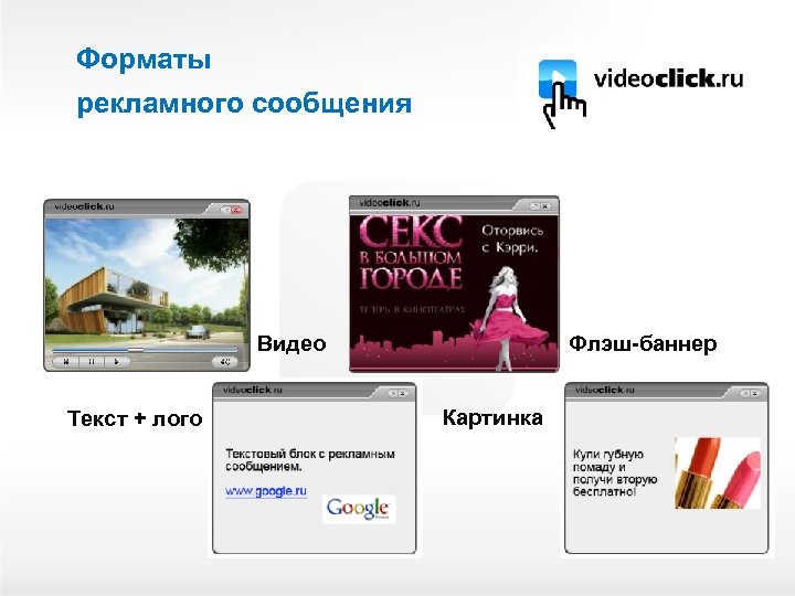 Форматы рекламного сообщения Флэш-баннер Видео Текст + лого Картинка 