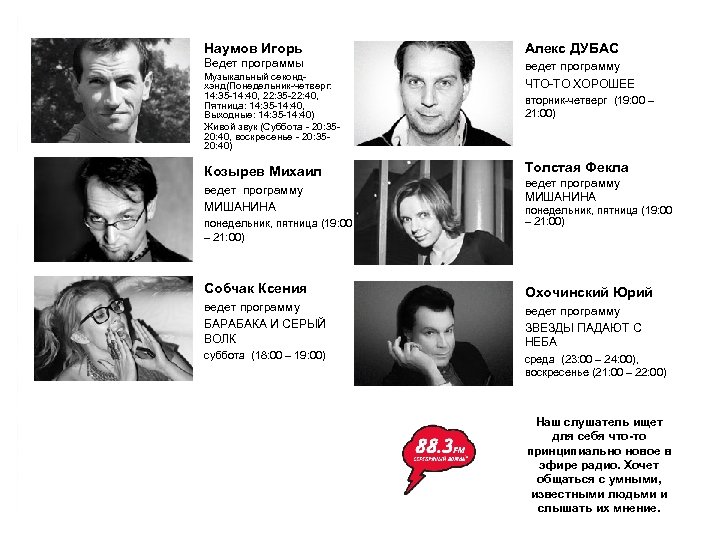 Наумов Игорь Алекс ДУБАС Ведет программы ведет программу ЧТО-ТО ХОРОШЕЕ Музыкальный секондхэнд(Понедельник-четверг: 14: 35