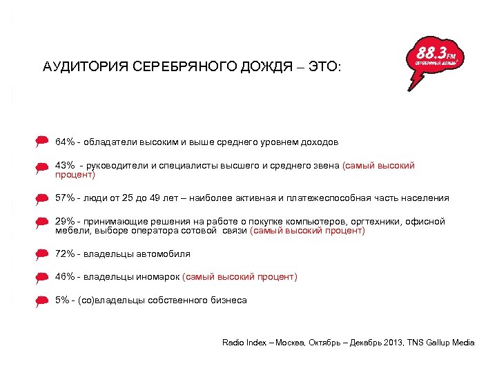 АУДИТОРИЯ СЕРЕБРЯНОГО ДОЖДЯ – ЭТО: 64% - обладатели высоким и выше среднего уровнем доходов