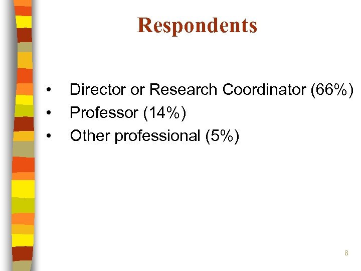 Respondents • • • Director or Research Coordinator (66%) Professor (14%) Other professional (5%)