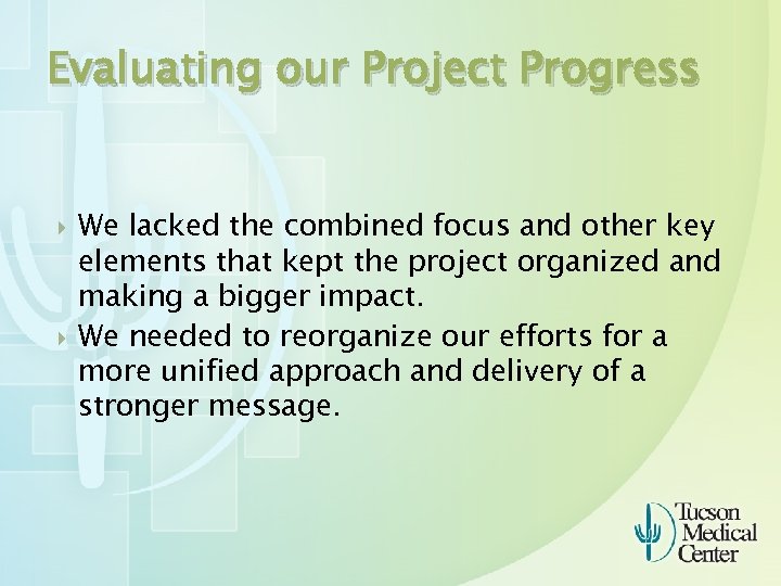 Evaluating our Project Progress We lacked the combined focus and other key elements that