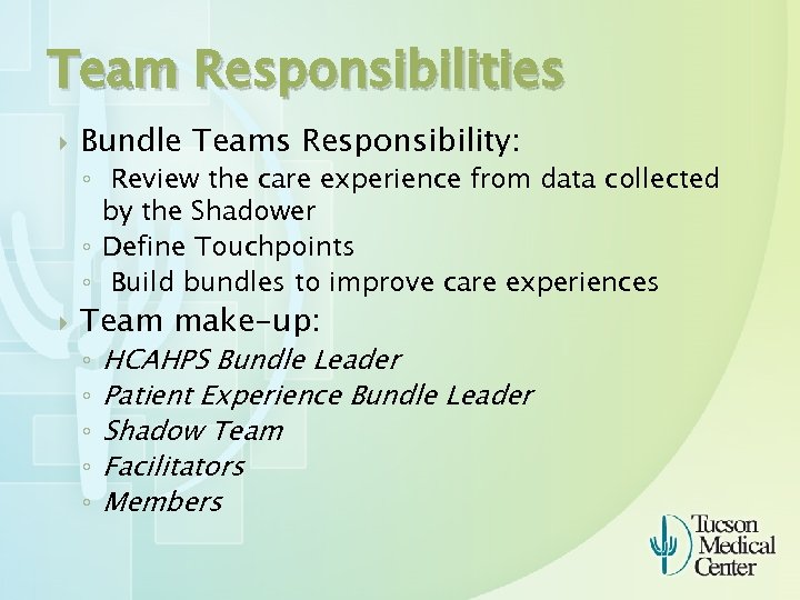 Team Responsibilities Bundle Teams Responsibility: ◦ Review the care experience from data collected by