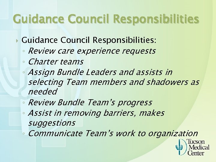 Guidance Council Responsibilities Guidance Council Responsibilities: ◦ Review care experience requests ◦ Charter teams