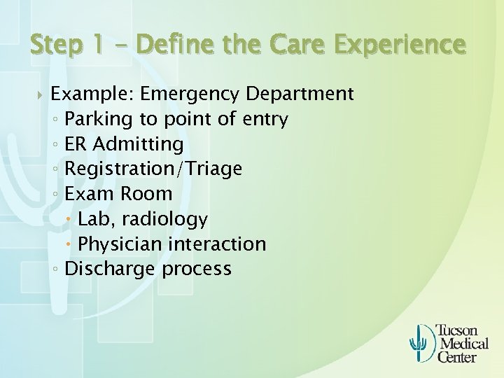 Step 1 – Define the Care Experience Example: Emergency Department ◦ Parking to point