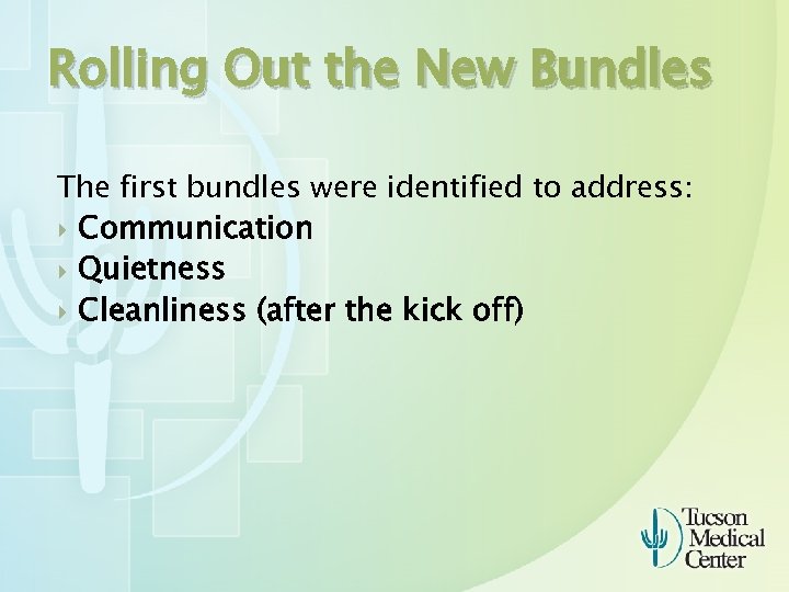 Rolling Out the New Bundles The first bundles were identified to address: Communication Quietness