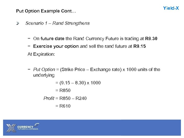 Put Option Example Cont… Scenario 1 – Rand Strengthens − On future date the