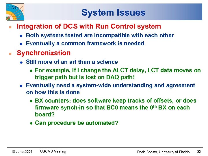 System Issues n Integration of DCS with Run Control system u u n Both